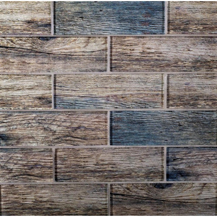 Wooden Brown and Blue Polished Glass Subway Mosaic Tile