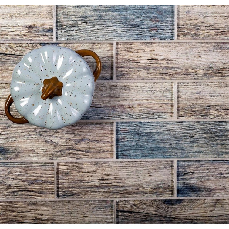 Wooden Brown and Blue Polished Glass Subway Mosaic Tile