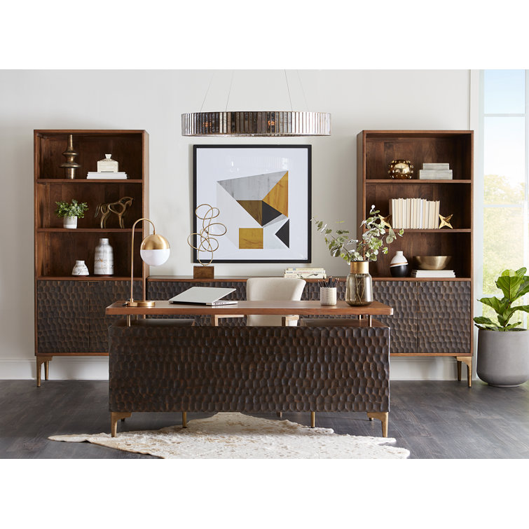 Raw Walnut Mango Wood Executive Desk with Circular Carved Accents