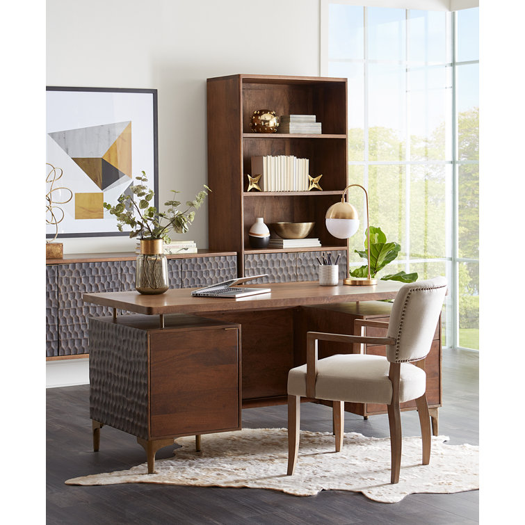 Raw Walnut Mango Wood Executive Desk with Circular Carved Accents