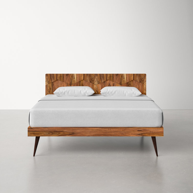 Deluxe Mid-Century Modern Sheesham Wood Queen Platform Bed with Storage
