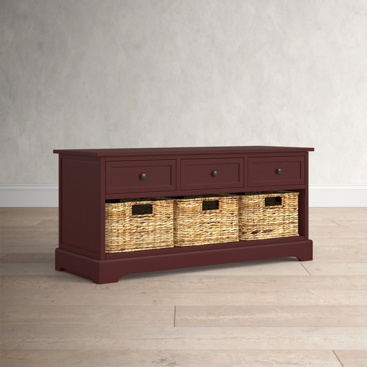 Transitional Red Pine Storage Bench with Wicker Baskets