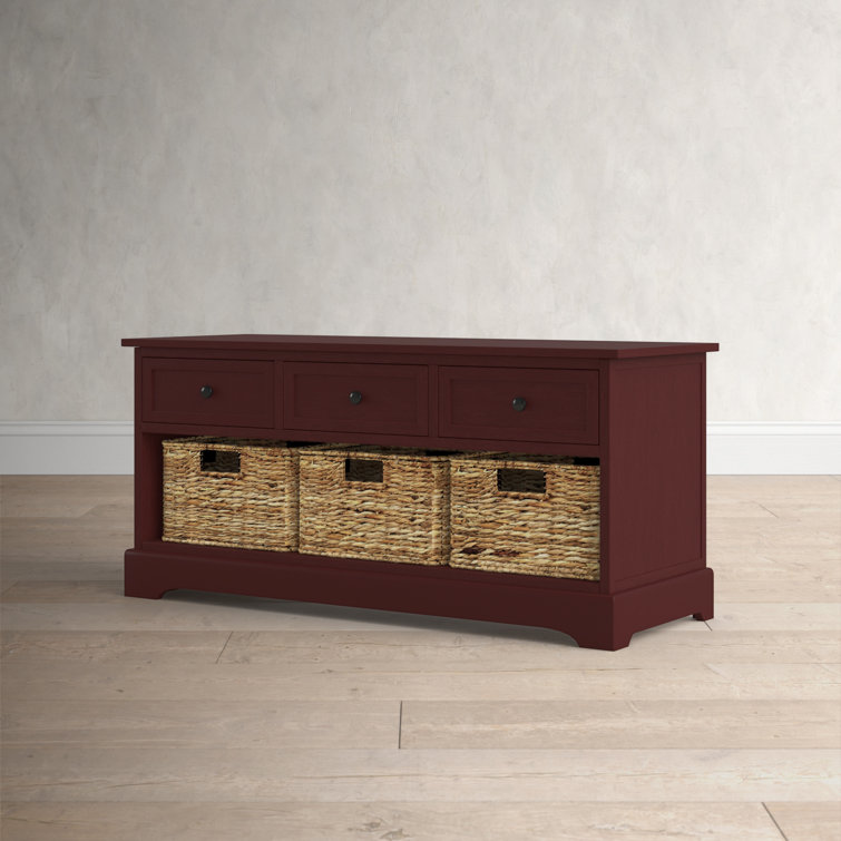 Transitional Red Pine Storage Bench with Wicker Baskets