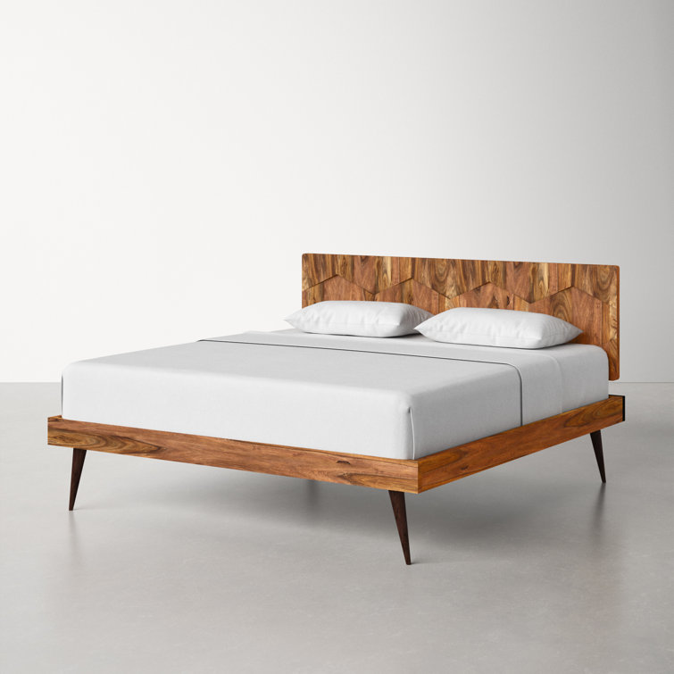 Deluxe Mid-Century Modern Sheesham Wood Queen Platform Bed with Storage