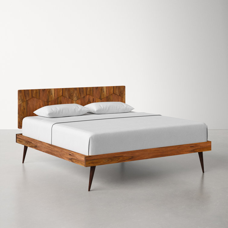 Deluxe Mid-Century Modern Sheesham Wood Queen Platform Bed with Storage