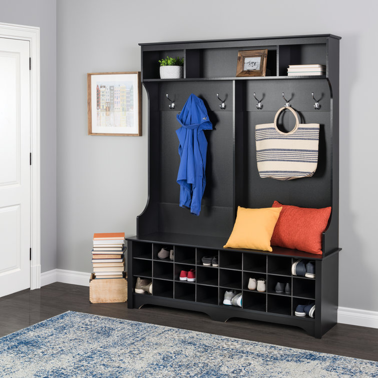 Black Wood Hall Tree with Bench and 24 Shoe Cubbies