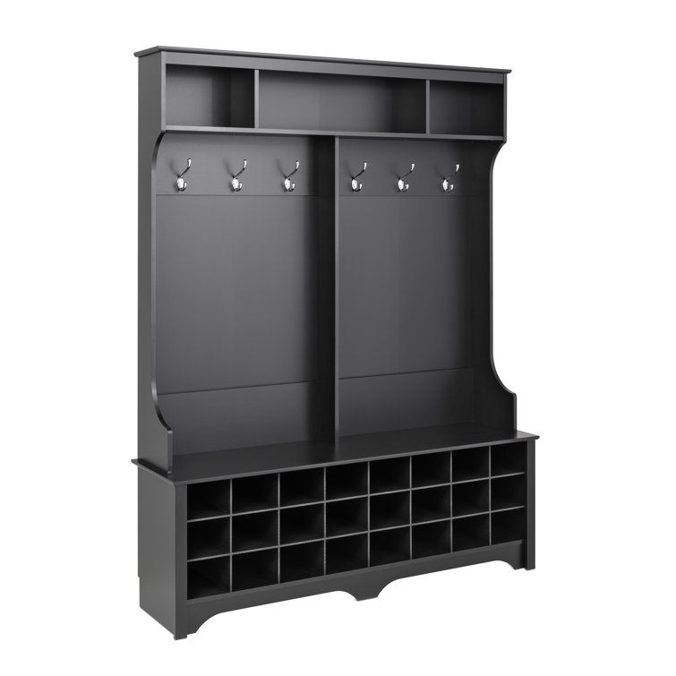 Black Wood Hall Tree with Bench and 24 Shoe Cubbies