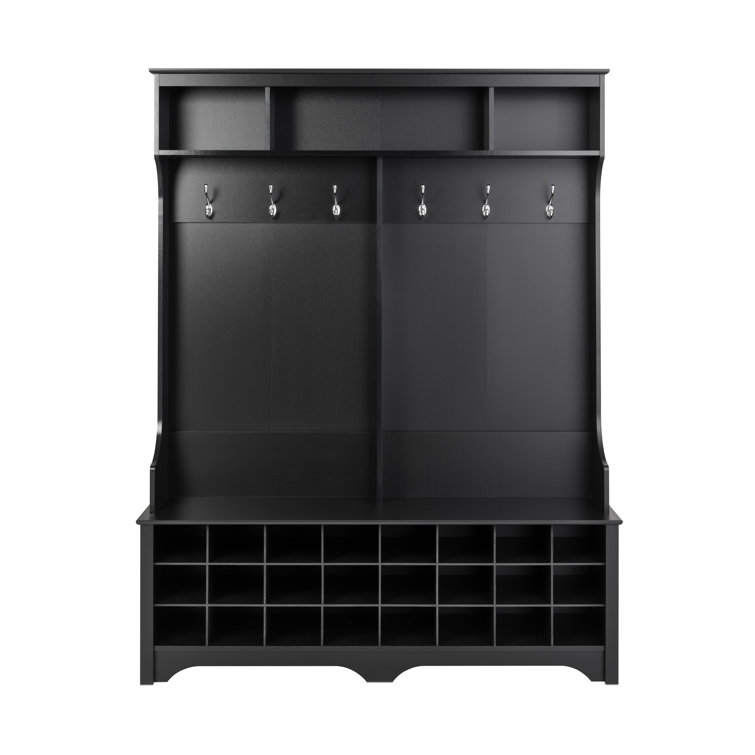 Black Wood Hall Tree with Bench and 24 Shoe Cubbies