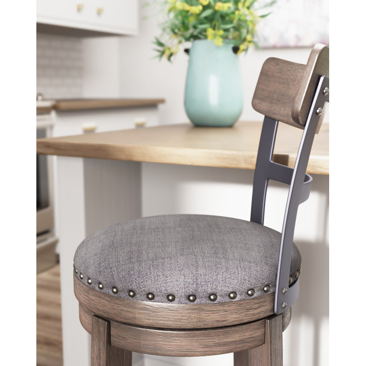 Elegant Gray Swivel Barstool with Curved Back and Nailhead Trim