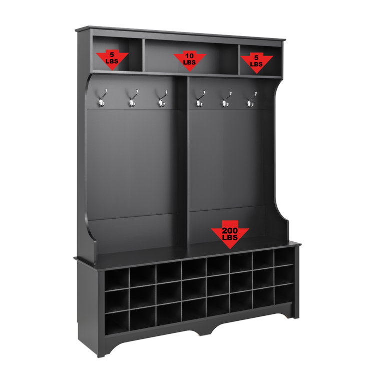 Black Wood Hall Tree with Bench and 24 Shoe Cubbies