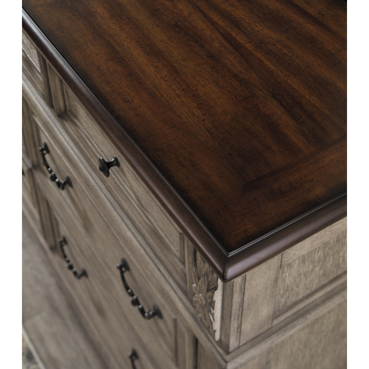 Antique Gray and Walnut 7-Drawer Dresser with Mirror
