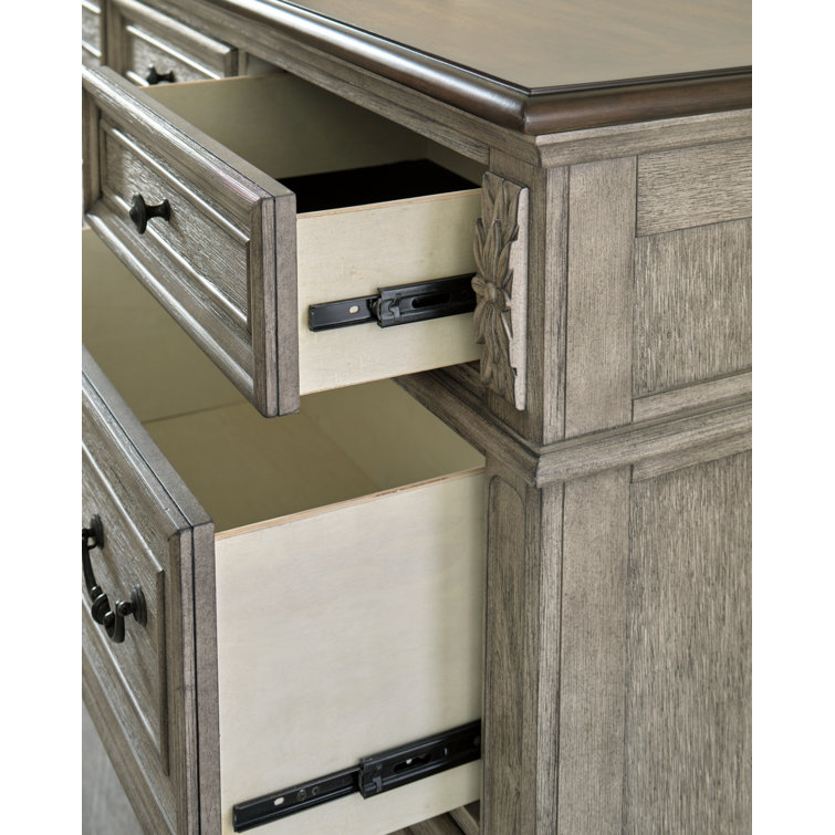 Antique Gray and Walnut 7-Drawer Dresser with Mirror