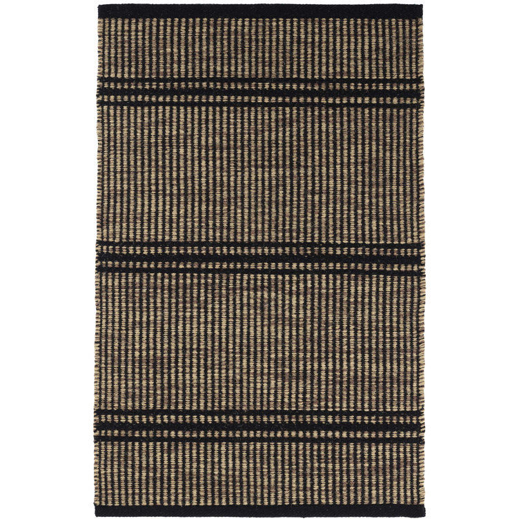 Black and Beige Wool Herringbone Flat Woven Rug, 6' x 9'