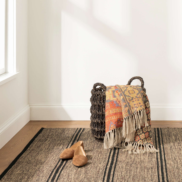 Black and Beige Wool Herringbone Flat Woven Rug, 6' x 9'