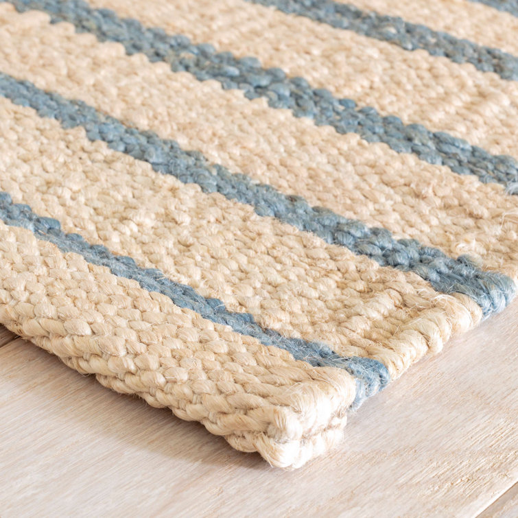 Handwoven Blue and Beige Wool Cotton Stripe Area Rug
