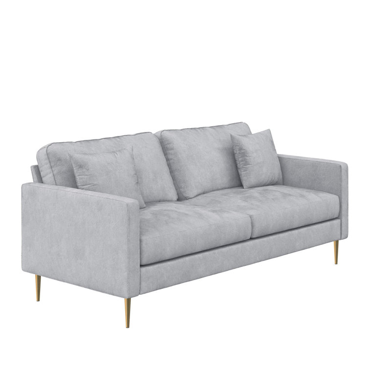 Chic Gray Velvet Sofa with Gold Metal Legs and Accent Pillows