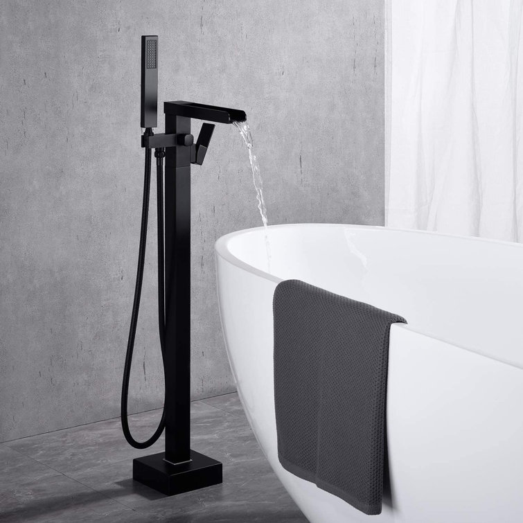 Matte Black Brass Waterfall Freestanding Tub Faucet with Hand Shower