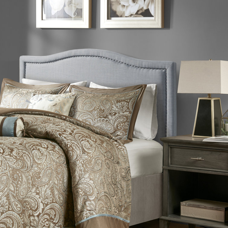Beige Queen Upholstered Headboard with Nailhead Trim
