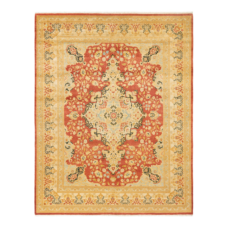 Hand-Knotted Rectangular Orange and Rust Wool Area Rug