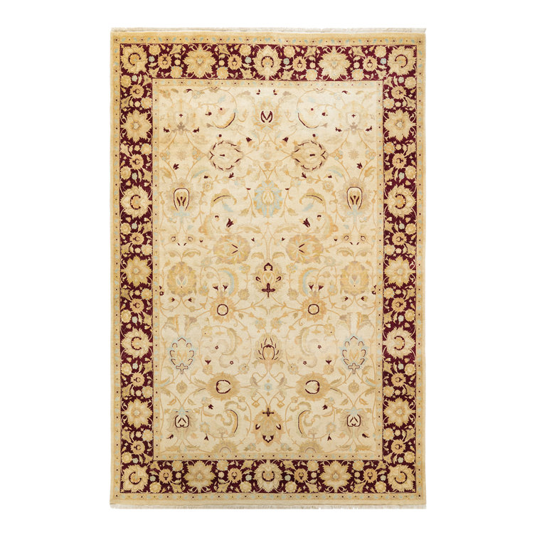 Ivory and Burgundy Hand-Knotted Wool Rectangular Area Rug