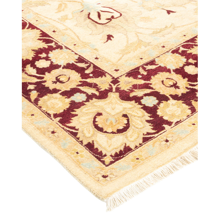 Ivory and Burgundy Hand-Knotted Wool Rectangular Area Rug