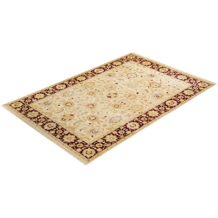 Ivory and Burgundy Hand-Knotted Wool Rectangular Area Rug