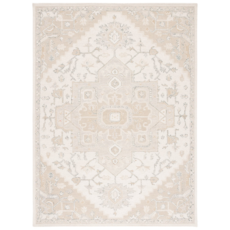 Ivory and Beige Hand-Knotted Wool and Cotton Rectangular Rug