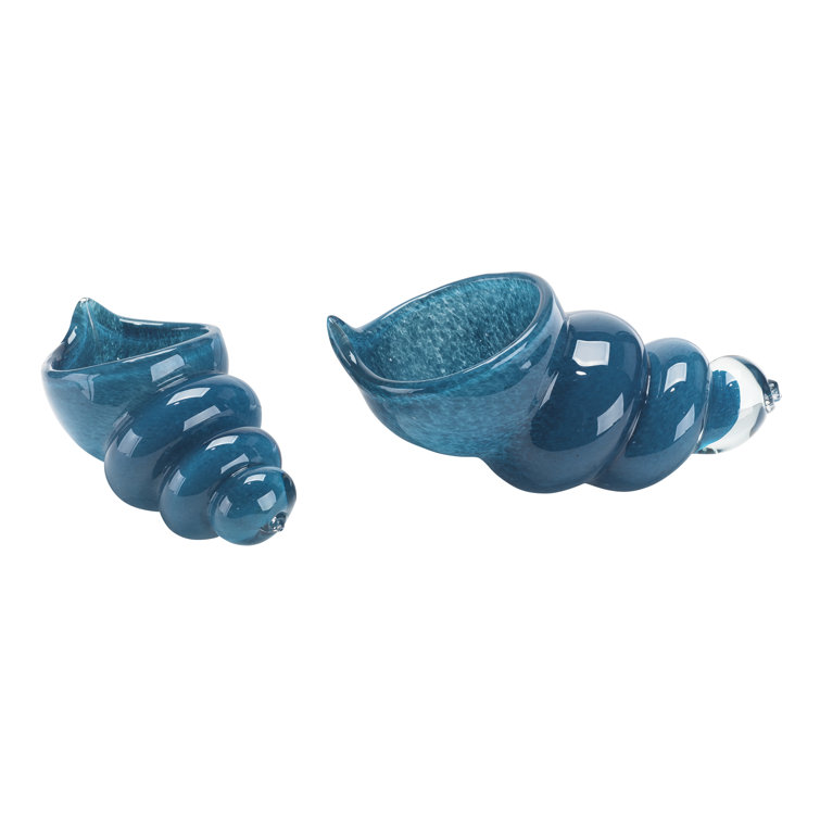 Dark Blue Hand Blown Glass Shell Figurines, Set of 2