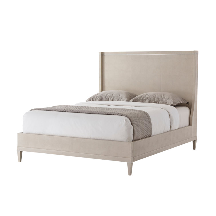 Beige Upholstered Queen Metal Frame Panel Bed with Headboard