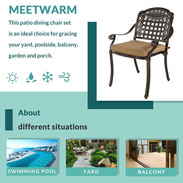 Bronze Metal Outdoor Dining Chairs with Beige Cushions