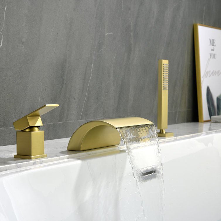 Brushed Gold Single Handle Waterfall Tub Faucet with Hand Shower