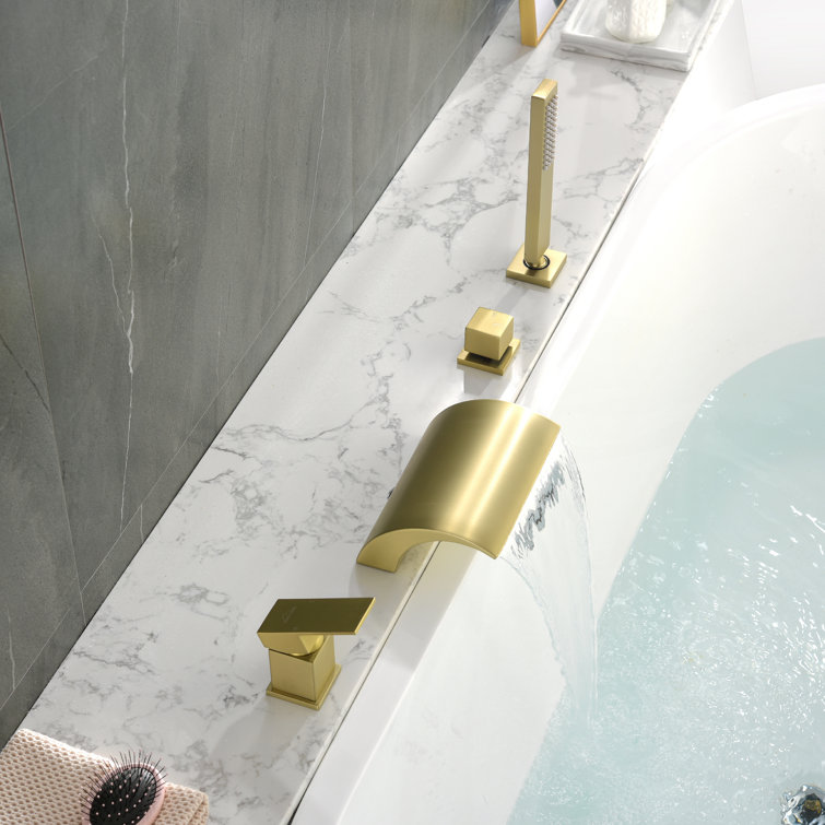 Brushed Gold Single Handle Waterfall Tub Faucet with Hand Shower