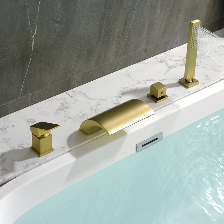 Brushed Gold Single Handle Waterfall Tub Faucet with Hand Shower