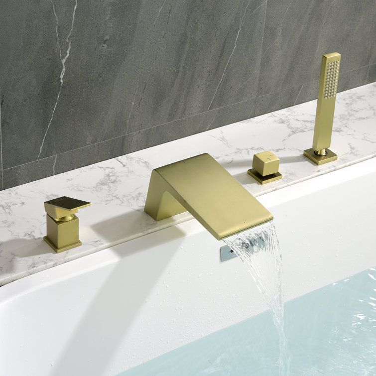 Brushed Gold Single-Handle Waterfall Tub Faucet with Hand Shower