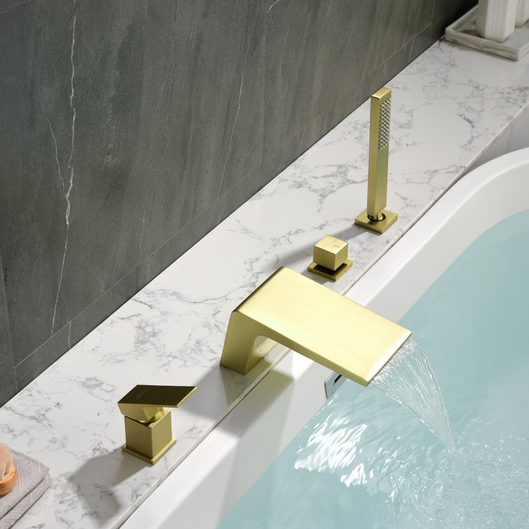 Brushed Gold Single-Handle Waterfall Tub Faucet with Hand Shower