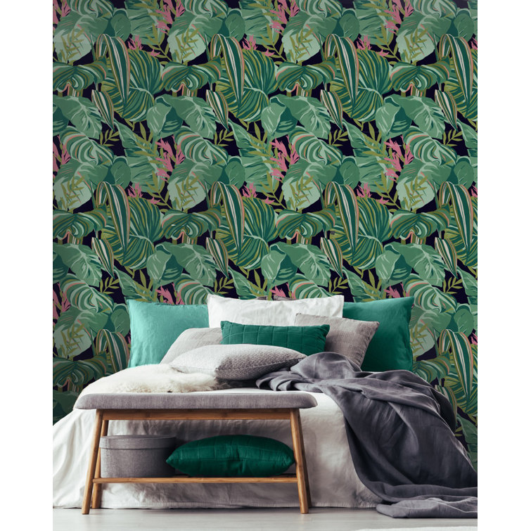 Tropical Foliage Green and Pink Textured Matte Wallpaper Roll