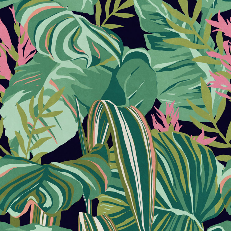 Tropical Foliage Green and Pink Textured Matte Wallpaper Roll
