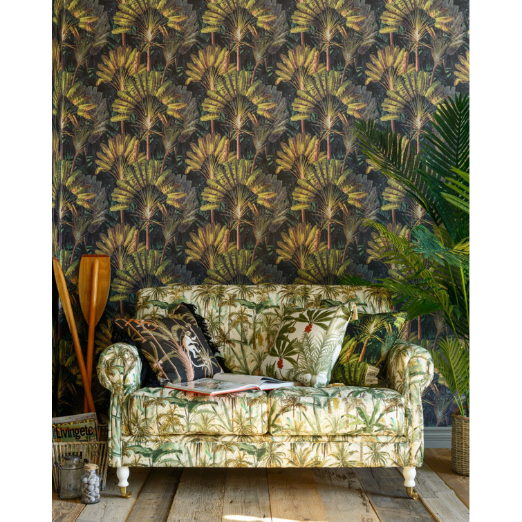 Green and Brown Textured Matte Tropical Palm Wallpaper Roll