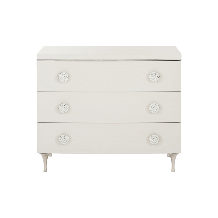 Transitional White 3-Drawer Nightstand with Polished Stainless Steel Accents