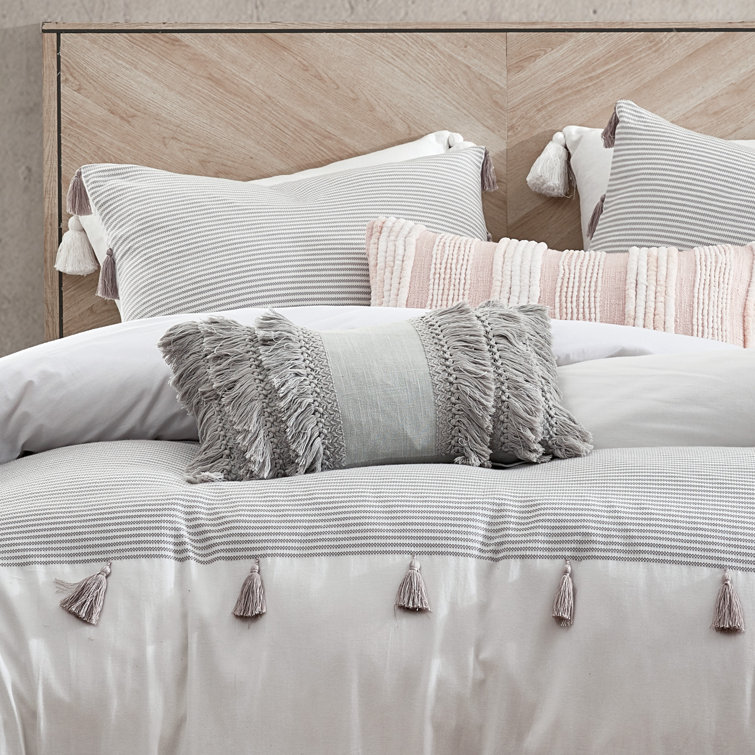 Gray Cotton Full/Queen Comforter Set with Tassels
