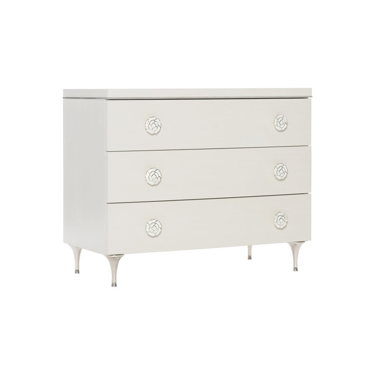 Transitional White 3-Drawer Nightstand with Polished Stainless Steel Accents