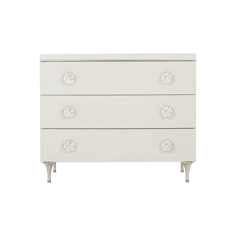 Transitional White 3-Drawer Nightstand with Polished Stainless Steel Accents