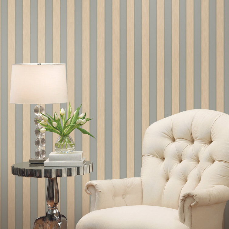 Classic Blue and Light Beige Vinyl Striped Wallpaper Roll