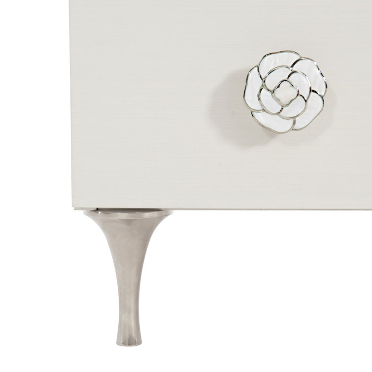 Transitional White 3-Drawer Nightstand with Polished Stainless Steel Accents