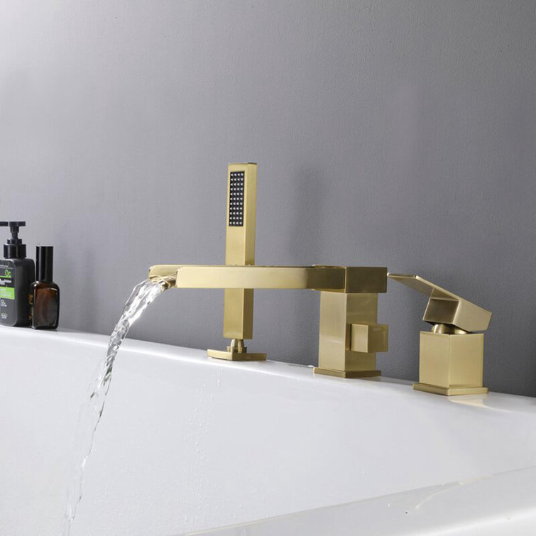 Brushed Gold Waterfall Roman Tub Faucet with Hand Shower
