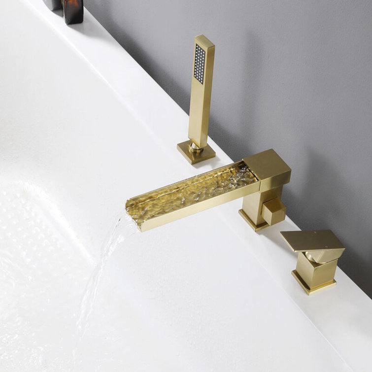 Brushed Gold Waterfall Roman Tub Faucet with Hand Shower