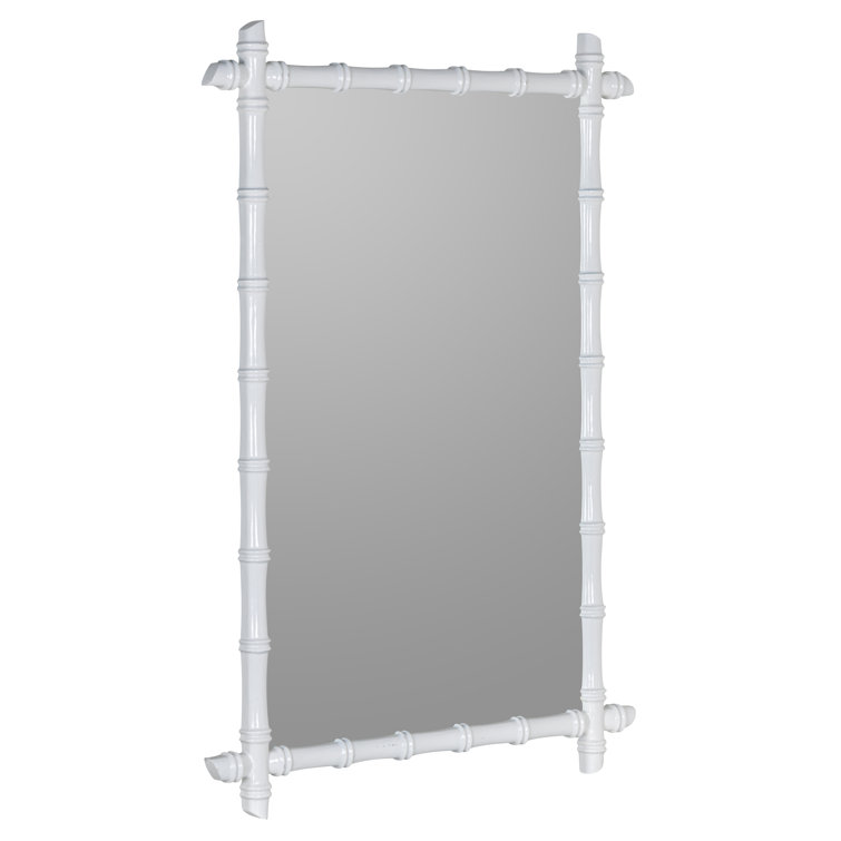 Glossy White Bamboo-Inspired Rectangular Wall Mirror