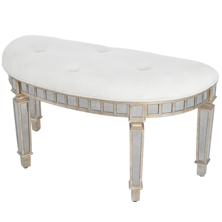 Garbo Mirrored Demilune Bench with Tufted Seat