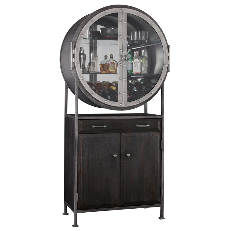 Aged Mocha Hardwood 39.75'' Bar Cabinet with Iron-Finished Frame