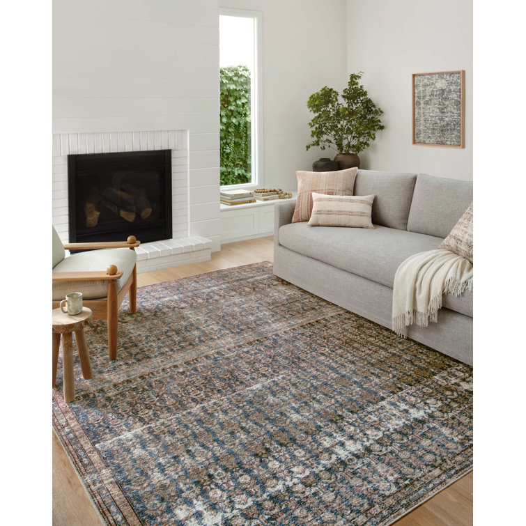 Handmade Blue and Brown Floral Synthetic Area Rug 5' x 7'